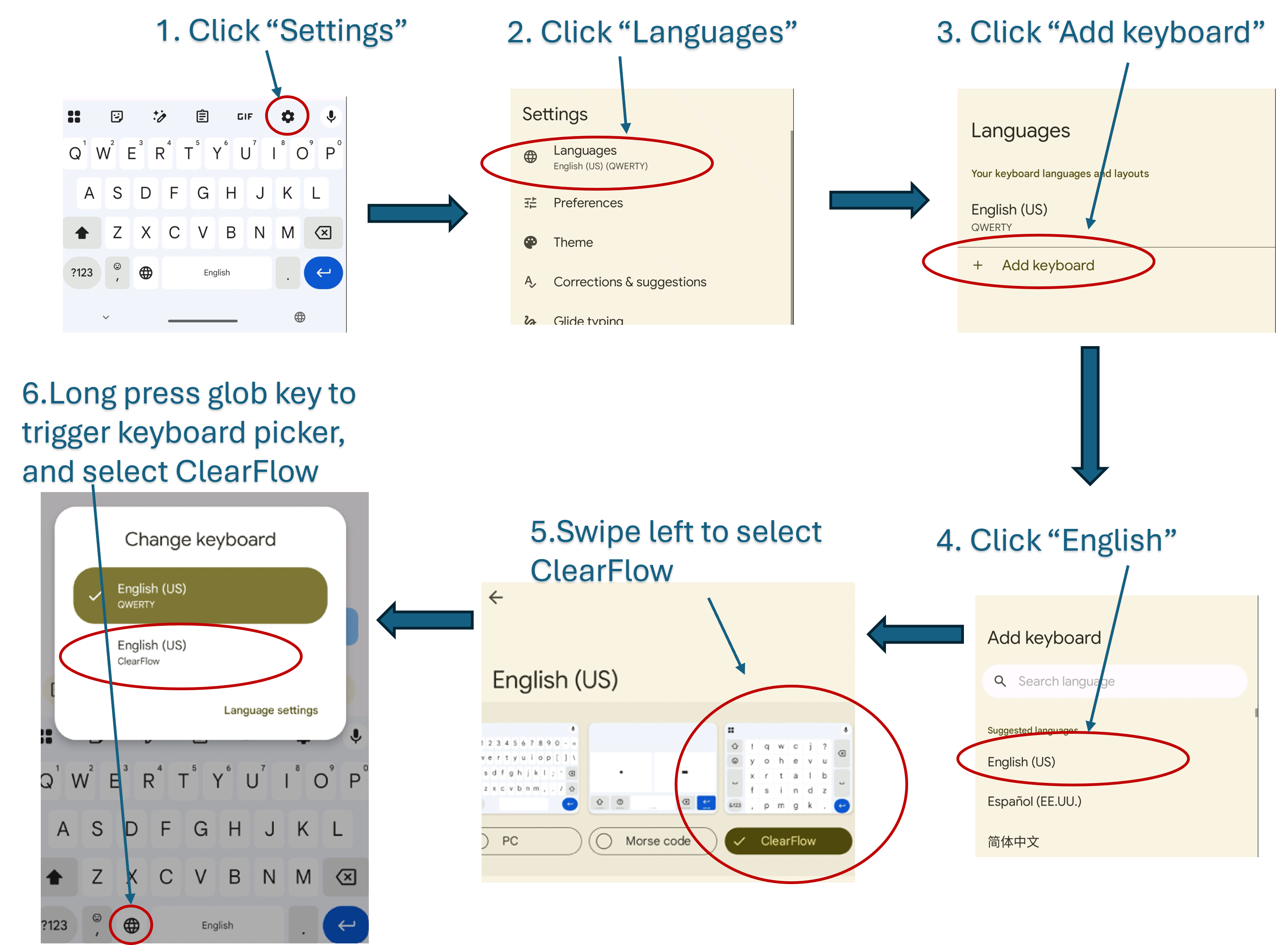 Steps for activating ClearFlow on Gboard
